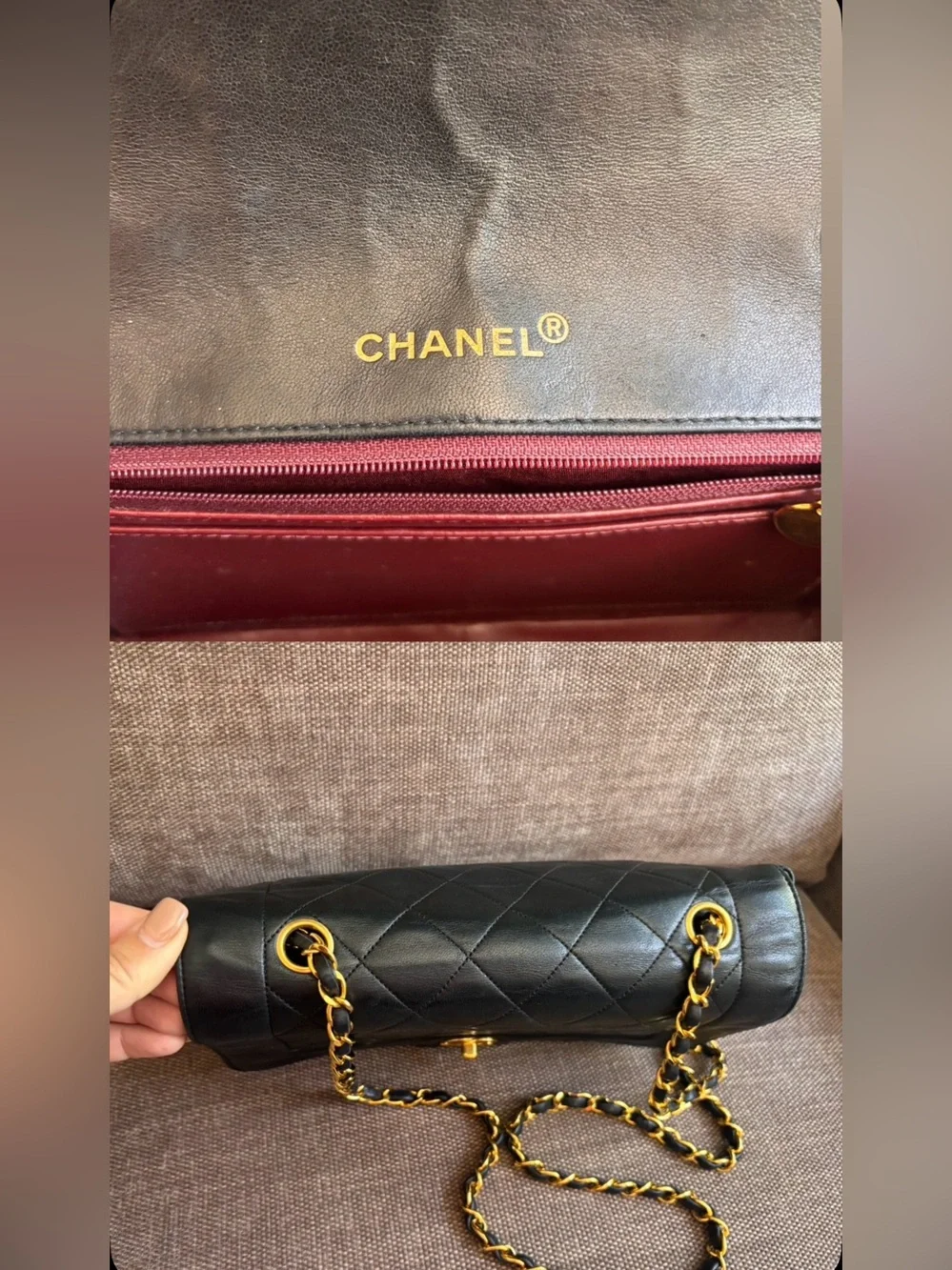Authentic CHANEL Rare 24k gold black lambskin leather Diana bag
